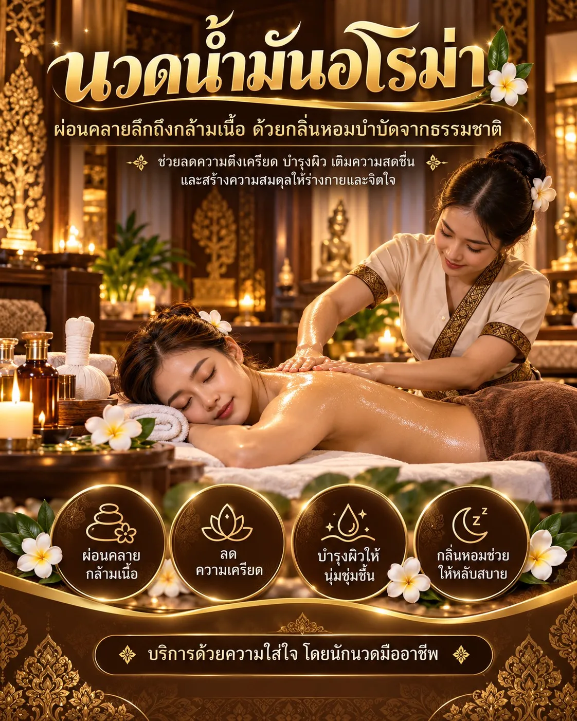 ภาพโปรโมตนวดน้ำมันอโรม่า หมอนวดกำลังนวดหลังลูกค้า