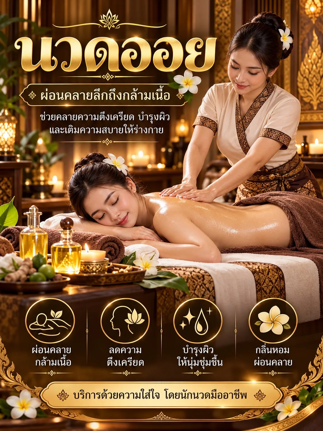 นวดออย หมอนวดกำลังนวดน้ำมันที่หลังลูกค้า